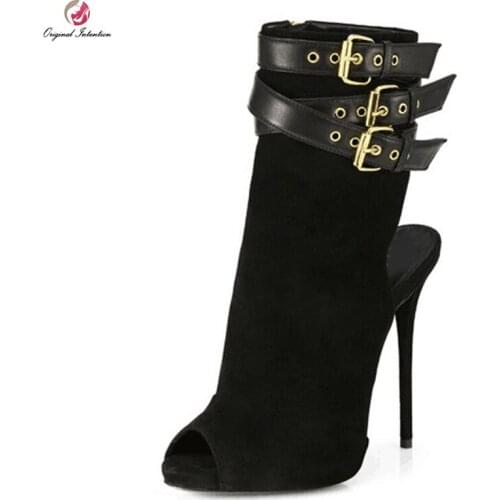 Original Intention Fashion Black Wine Red Ankle Sandals Woman Peep Toe 2 Buckles Stiletto High Heels Sexy Casual Shoes Female