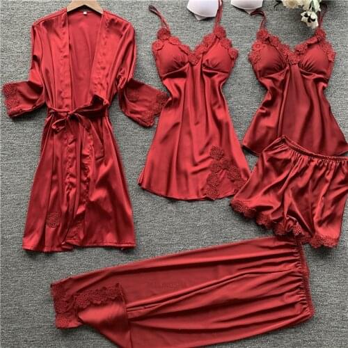 Women Pajamas 5 Pieces Satin Sleepwear Pijama Silk Home Wear Home Clothing Embroidery Sleep Lounge Pyjama with Chest Pads
