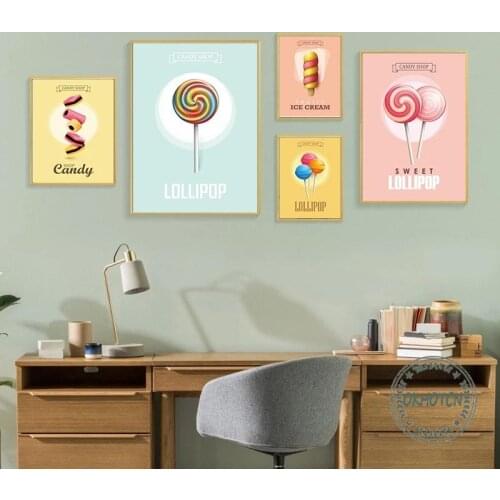Candy Shop Poster Cartoon Macaron Delicious Sweet Jelly Lollipop Ice Cream Canvas Painting Wall Art Kitchen Home Decoration