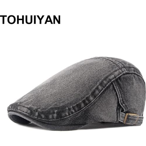 TOHUIYAN Casual Mens Hats Retro Washed Denim Beret Caps For Women Artist Peaked Newsboy Cap Summer Autumn Casquette Driving Hat