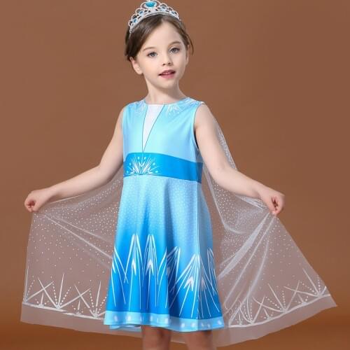 Fancy Girls Costume Kids Sleeveless Dress Princess Girls Birthday Party Blue Dress Stage Show Dress Up with Long Cloak