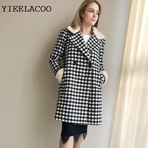 Plaid Wool Coat Women Double-breasted Lapel Collar Elegant Pocket Houndstooth Loose Autumn Winter holiday Stitching coat