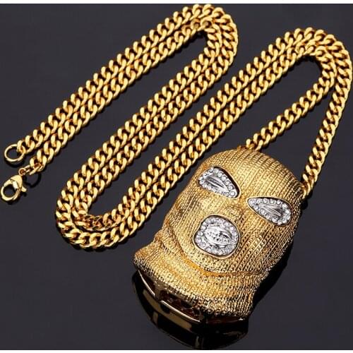 Rhinestone Cool Against Anti-terrorism Headgear Pendant Necklace Gold Bling Crystal CSGO Mask Mens Hip Hop Fashion Jewelry