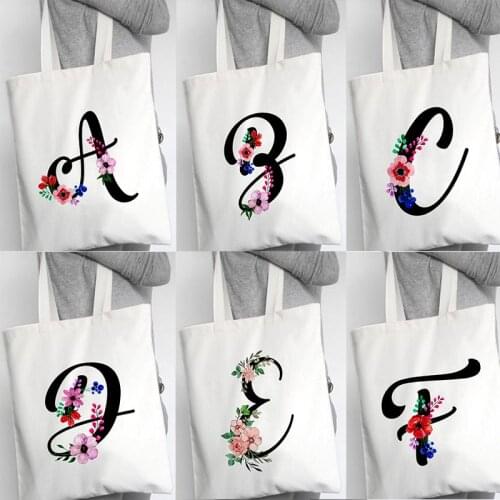 Canvas Letter Flower Print Shoulder Shopping Bags for Women Shopper Daily Handbag Female Eco Storage Reusable Foldable Totes Bag