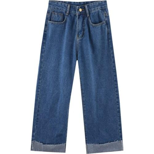 ZG1219 2020 Spring new women fashion loose show slim high waist roll edge straight wide leg nine points denim cheap wholesale