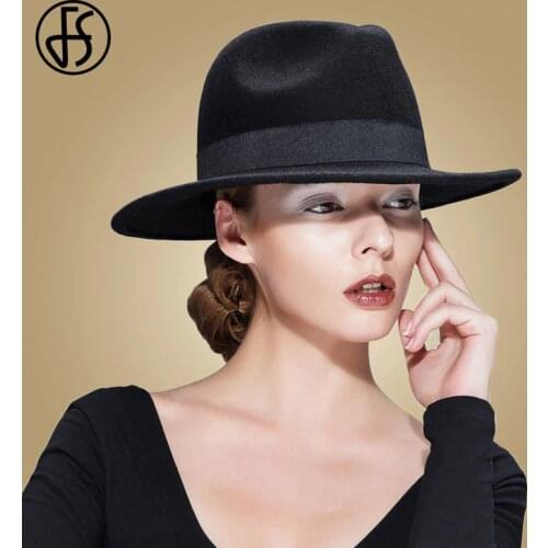 FS Wide Brim Wool Fedora Hats For Women Fashion Black Ribbon Bowler Felt Hat Winter Cloche Hats Lady Party Church Trilby Caps