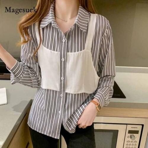 Women Autumn Loose Fake Two-Piece Turn-down Collar Tops Stripe Shirts Korean Elegant Fashion Long Sleeve Shirt 2020 Blusas 10778