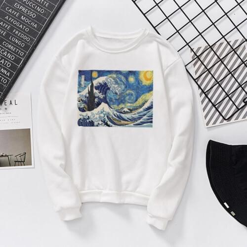 Van Gogh The Starry Night And Ukiyoe Beneath The Waves Off Kanagawa Print Long Sleeve Shirts Womens Sweatshirt Harajuku Hoodies