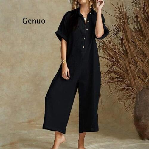 Playsuit Women Vintage Wide Leg Pants 2021 Female Rompers Women Jumpsuits Short Sleeve Plus Size Playsuit Elegant Solid Overalls