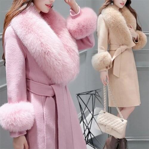 Autumn Winter New Womens Slim Trench Woolen Coat Korean OL Mid-Length Big Fur Collar Solid Color Lacing Woolen Outerwear Female