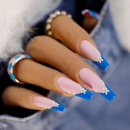 24Pcs/Box Long Coffin False Nail Press on Nails French Ballerina Fake Nails with Flower Design Detachable Full Cover Nail Tips