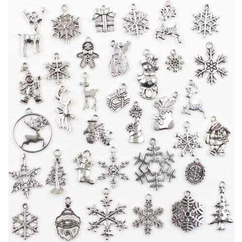30pcs Charms Christmas Deer Snow Socks Tree Gloves Santa Claus Antique Silver Color Mixed Pendants DIY Findings Tibetan Jewelry