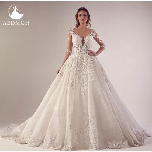 Aedmgh Ball Gown 3D Flowers Wedding Dresses 2021 Sweetheart Half Sleeve Bride Dress Lace Appliques Court Train Bridal Gown