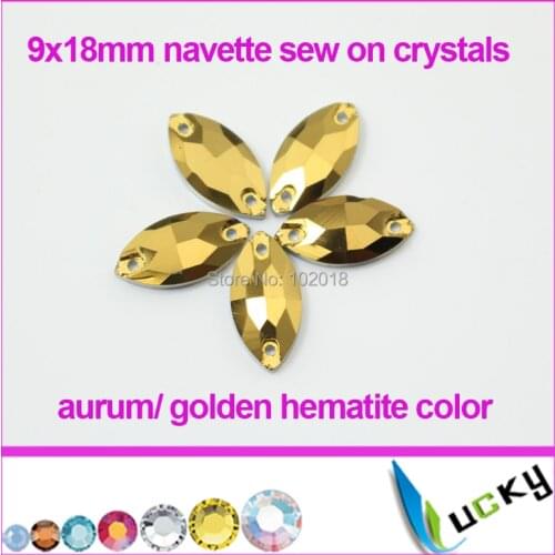 Freeshipping sewing accessories 112pcs 9x18mm aurum golden hematite color navette shape sew on crystals flat back rhinestones