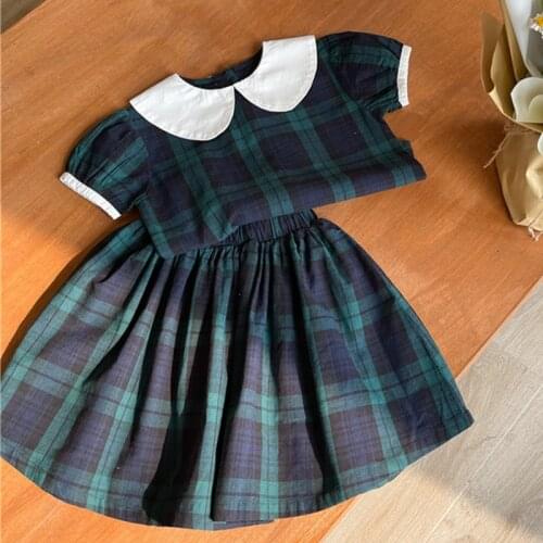 2021 Summer Baby Girls Clothing Sets Preppy Style Plaid Blouses Skirts 2pcs Toddlers Kids Cotton Suits
