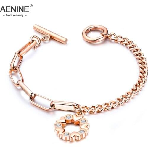 AENINE Stainless Steel Asymmetric Chain Ladies Bracelet Trendy Rose Gold Love Charms Bracelet Jewelry For Women Girls AB17101