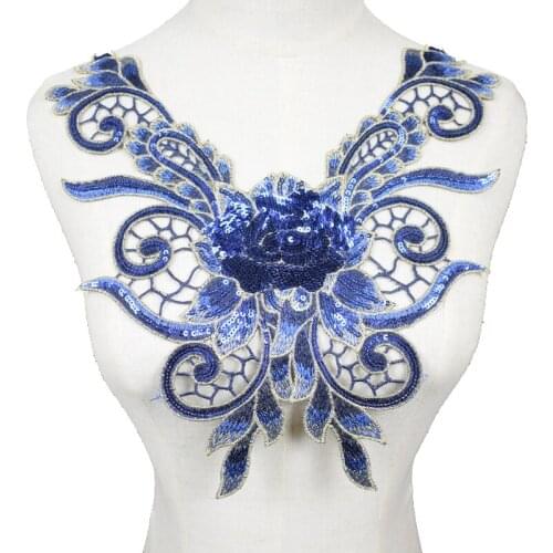 Flower Sequin Embroidery Neckline Collar Lace Applique Trimmings for Evening Dress Sewing DIY Scrapbooking