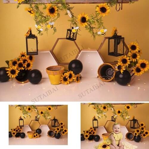 Sunflower Bee Honey Jar Photography Background Girl Birthday Party Cake Smash Newborn Baby Shower Photo Backdrop Photobooth