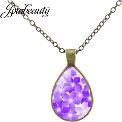 JOINBEAUTY Beautiful Lavender Blooming Flowers Tear Drop Necklace Fashion Purple Flower Glass Cabochon Pendant Jewelry FL161