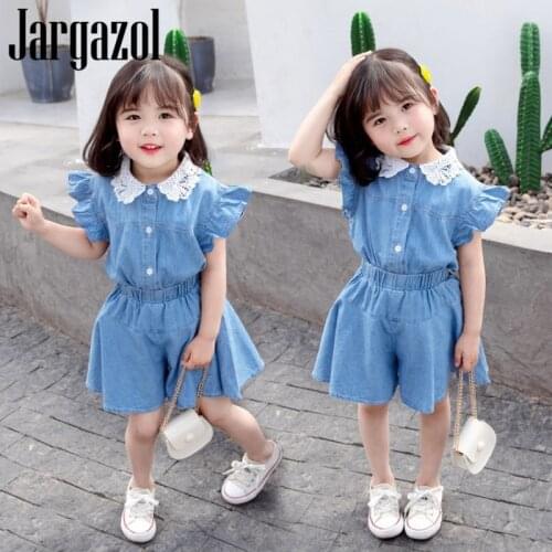 Jargazol Summer Outfits Littlle Kids Clothes Lace Collar Denim Blouse&wid Leg Shorts Fashion Korean Toddler Girls Clothign Set