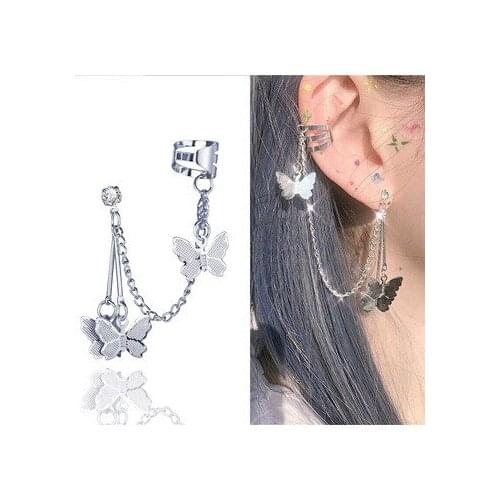 Moda borboleta clipe brincos gancho da orelha clipe de orelha de aço inoxidável duplo piercing brinco brincos feminino meni