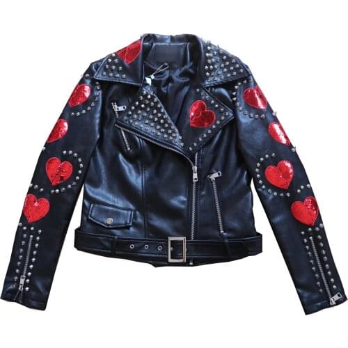 Fashion Windproof Punk Rivet Beading Stitching Pu Leather Jacket Female Street Style Love Sequins Beading Leather Jacket F1048