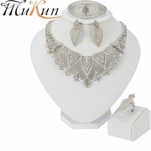 MUKUN African Dubai Bridal African Beads Jewelry Sets For Women Silver Color Crystal Necklace Earrings Bracelet Ring Accessories