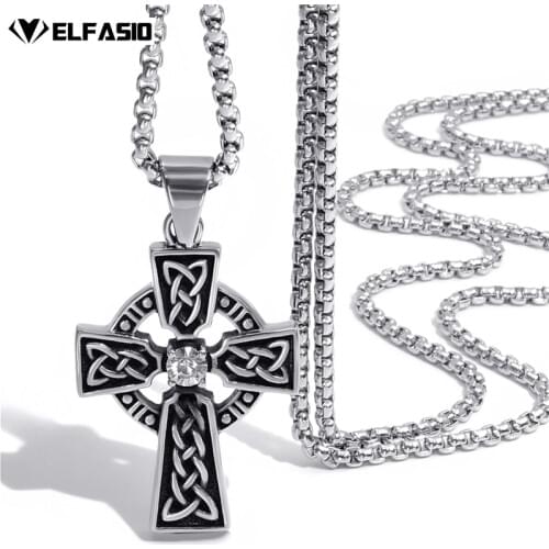 Mens Boys Celtic Cross CZ Stone Stainless Steel Pendant with Box Chain Necklace Fashion jewelry
