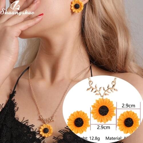 Shuangshuo Ketting Sunflower Necklace Earrings Set Plant Jewelry Sets for Women Joyas Long Chain Collier Femme Girlfriend Gifts