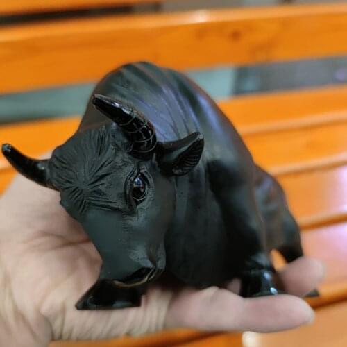 Natural Healing Quartz Black Obsidian Bull Crystal Animal Statue
