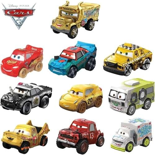 10pcs Original Disney Pixar Cars 3 Mini Diecasts Toy Vehicles Golden School Bus Miss Fritter Lightning McQueen Metal Car Toys