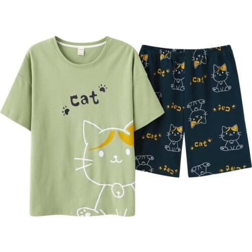 2021 Summer Cotton Womens Pajamas Cute Cat Print Short Sleeve Suit Sleepwear Simple Crew Neck 2 Piece Sets Pajamas For Women