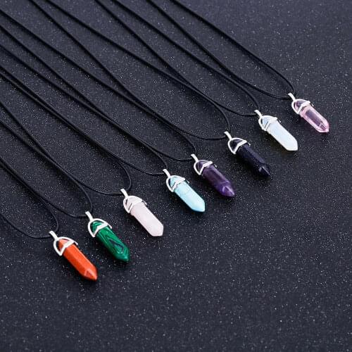 2019Hot Hexagonal Column Necklaces Natural Crystal Pendants Stone Pendant Leather Chains Necklace For Women Fashion Jewelry