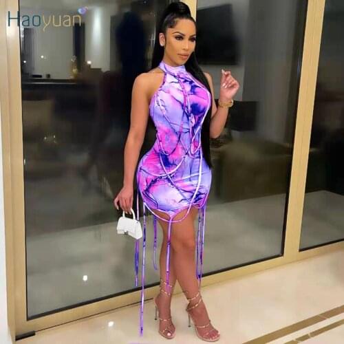 HAOYUAN Sexy Tie Dye Bandage Mini Dress Off Shoulder Bodycon Dresses for Women Summer Vacation Outfits Night Club Party Dress