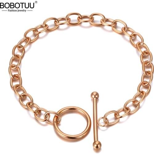 BOBOTUU Hiphop/Rock Titanium Stainless Steel Thick Charm Bracelets For Women Girls Bohemia Chain Link OT Clasp Bracelet BB20183