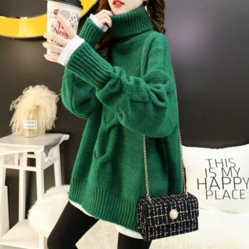Vintage Women Turtleneck Twisted Off-white Pull Jumper Long Sleeve Casual Knitwear Loose Green Winter Clothes Women Pull Sweater
