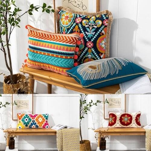 Vintage Bohemian Style Tufted Lumbar Pillow Case Embroidered Alpaca Geometric Floral Pompom Tassels Throw Cushion Cover