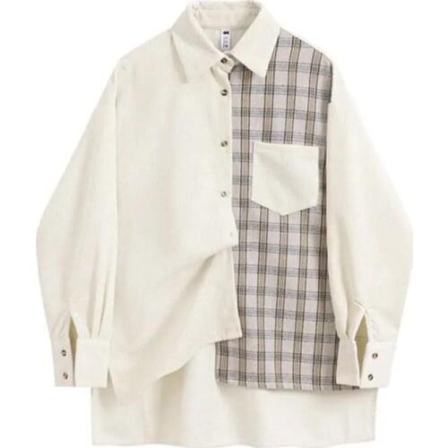 2021 new spring womens jacket lapel casual button pocket jacket long-sleeved female stitching plaid loose jacket