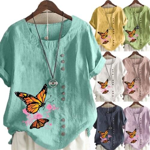 Womens New Fashion Linen Shirt Round Neck Short Sleeve Butterfly Printed T-shirt Summer Ladies Casual Plus Size Blouse Tops