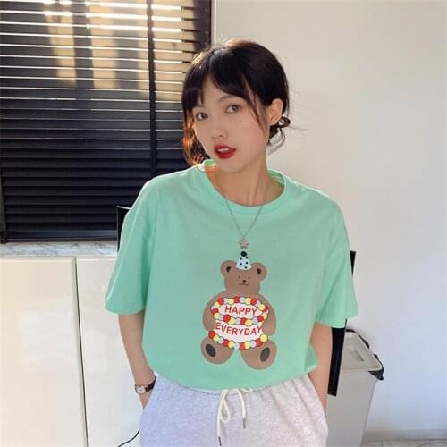 Womens T-shirts Tops Japanese Kawaii Ladies Ulzzang Casual Cake Bear Print Tshirt Female Korean Harajuku Clothes For Women