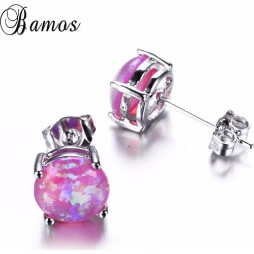 Bamos Female 6MM Small Round Pink/White/Purple/Blue Earrings Opal Stud Earrings Jewelry Fashion Silver Color Earrings For Women