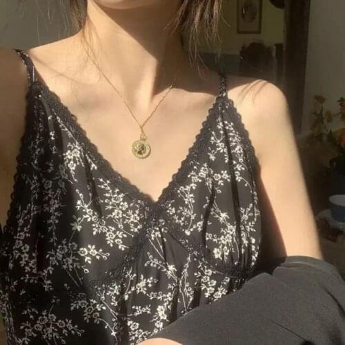 Hstar Women Elegant V-neck Print Black Dress Summer Lady Sexy Lace Spaghetti Strap Holidays Dress Vintage Korean Vestidos