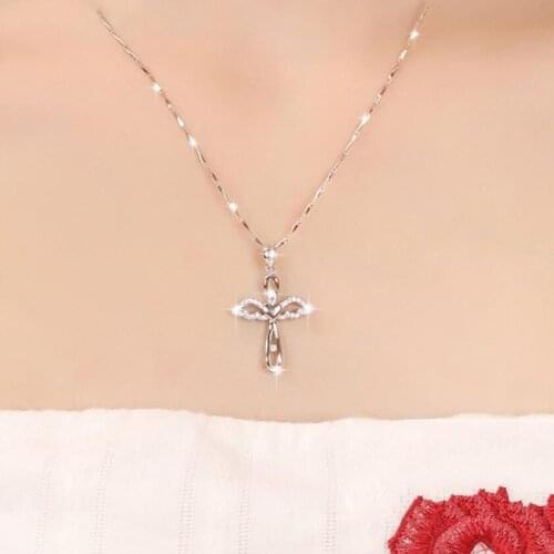 KOFSAC New Trendy Silver Color Necklaces For Women Charming Love Heart Wings Cross Pendant Jewelry Girl Engagement Accessories