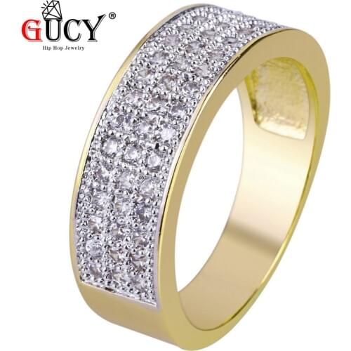 GUCY Gold Color Plated Micro Pave Cubic Zircon Round Wedding Ring 7mm Width All Iced Out Bling Hip Hop Jewelry Rings For Women