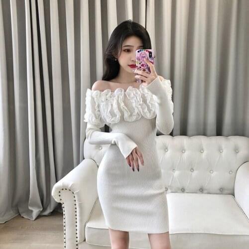 Sexy Slash Neck Strapless Shoulder Solid Knit Sweater Dress High Waist Hip Bodycon Vestidos Flower Patch Long Sleeve Robe
