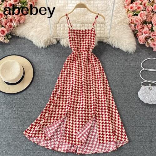 2021 New Summer Vintage sleeveless off shoulder dress high waist pleated waist plaid split A-line strap Dress
