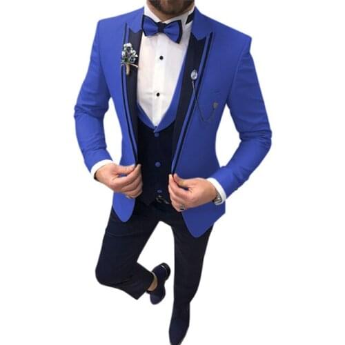 2021 Rolyal Blue Slim Fit One Button Red Groom Tuxedos Groomsmen Mens Wedding Suits 3 Piece Prom Bridegroom (Jacket+Pants+Vest)