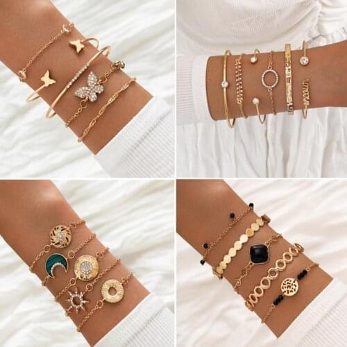 3Pcs/4Pcs/5Pcs/Set Women Bracelets Set Retro Star Shell Beads Geometric Carved Golden Open Bracelet Bangle Set Fashion Jewelry