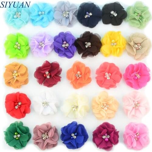 300Pcs 28 Color U Pick 2 Inch Petite Chiffon Fabric Flower with Rhinestone And Pearl Center Boutique Wholesale Supplies MH22