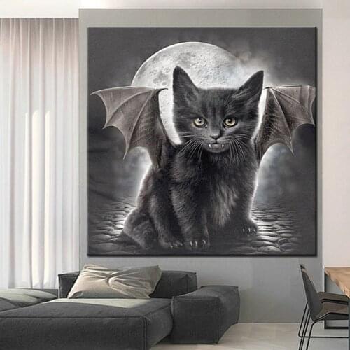 Black Cat With Wing Moon Evil 5D Full Square Round Embroidery Diy Diamond Painting Cross Stitch Home Decor Diamond Mosaicgift